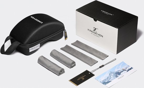 Kingseven skibril accessoires: zwarte draagtas, opgerolde brillendoekjes en geschenkverpakking.