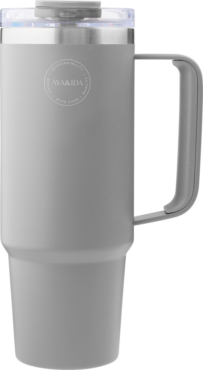 AYA&IDA - Thermocup with straw - Thermosfles - waterfles - drinkfles - to go - 885ml - LIGHT GREY