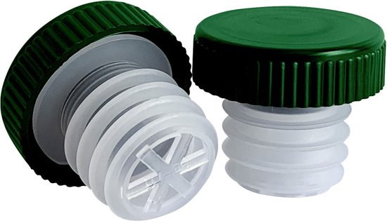Twee groene schroefdoppen met een doorzichtig plastic sluitstuk. De ene dop ligt op zijn kant, de andere staat rechtop.