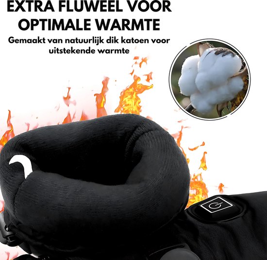 Zwarte, verwarmde handschoenen met pluizige voering, omringd door oranje vlammen.