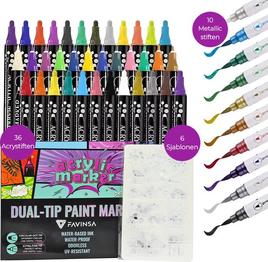 Foto: Favinsa acrylstiften dual tip 36 stuks 10 metallic stiften 6 sjablonen twinmarkers stenen schilderen acryl stiften acrylstiften voor stenen schilderen dual markers happy stones verven glitter stiften voor kinderen en volwassenen