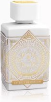 Witte parfumfles met gouden ornamenten en de tekst 'Glorious Oud Royal Blanc Extrait de Parfum'.