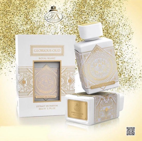 Witte parfumfles en doos met gouden 'Glorious Oud Royal Blanc' opdruk. Eau de Parfum 80ml.