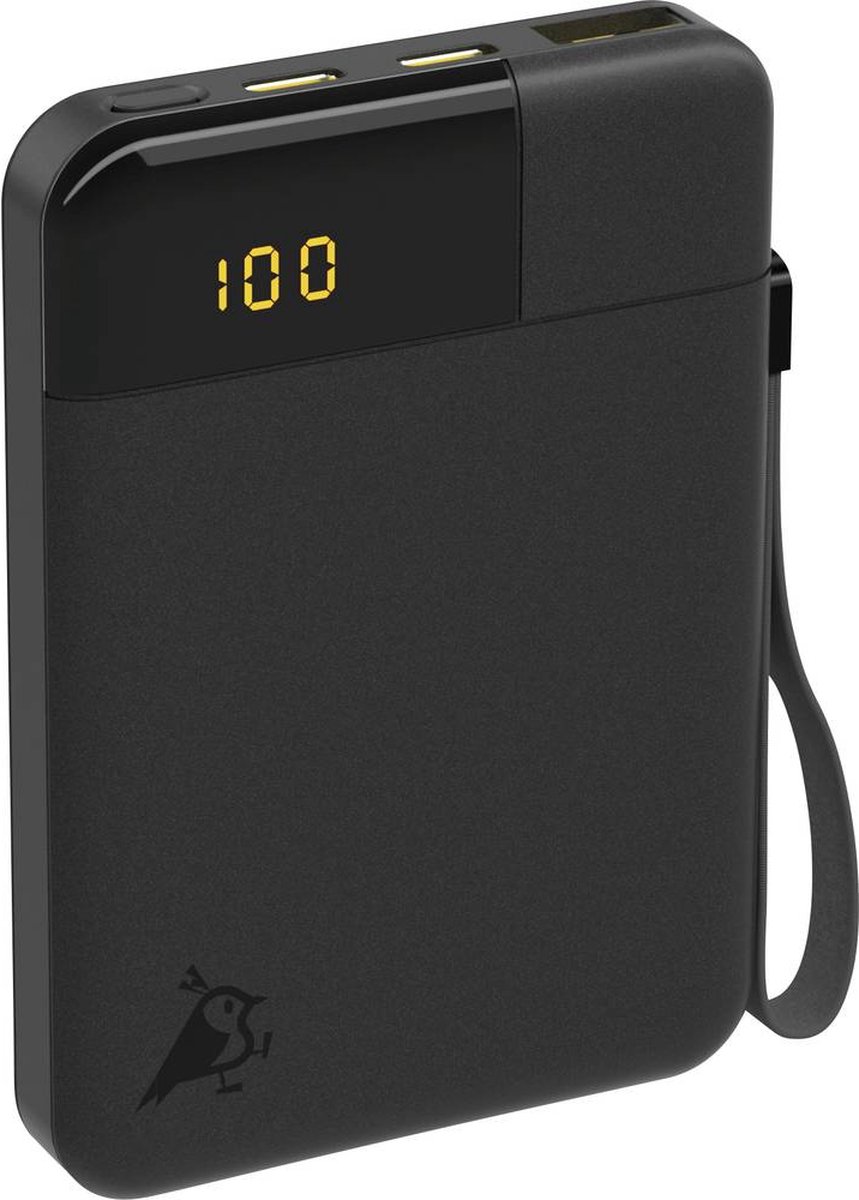 Aqiila Powerbank 5000mAh 12W klein en krachtig Lichtgewicht LCD Scherm 2x USB-C 1x USB-A Pass Through Charging plasticvrije verpakking Powerbird B5 zwart