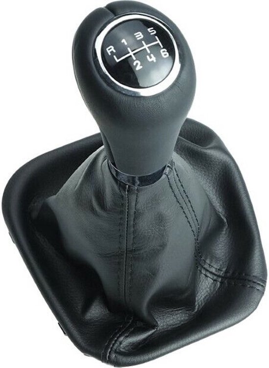 Zwarte lederen pookhoes met een zilverkleurige knop met schakelpatroon (R 1 2 3 4 5 6).