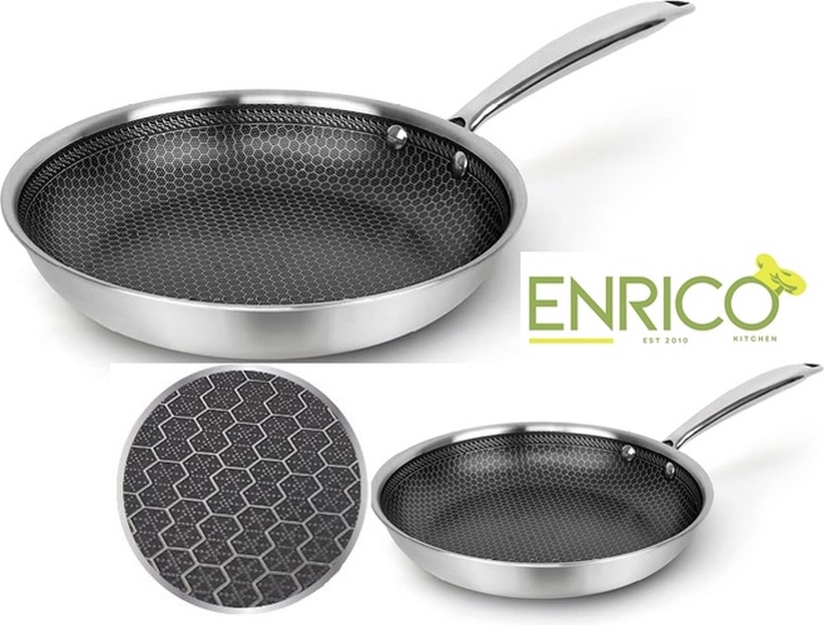 ENRICO - Koekenpannen Ø20 & Ø28 - Roestvrij - Stalen Honingraat Anti-Aanbakpan - PFAS en PTFE vrije Koekenpan - Geschikt voor alle warmtebronnen, inclusief inductie - 20 en 28 cm