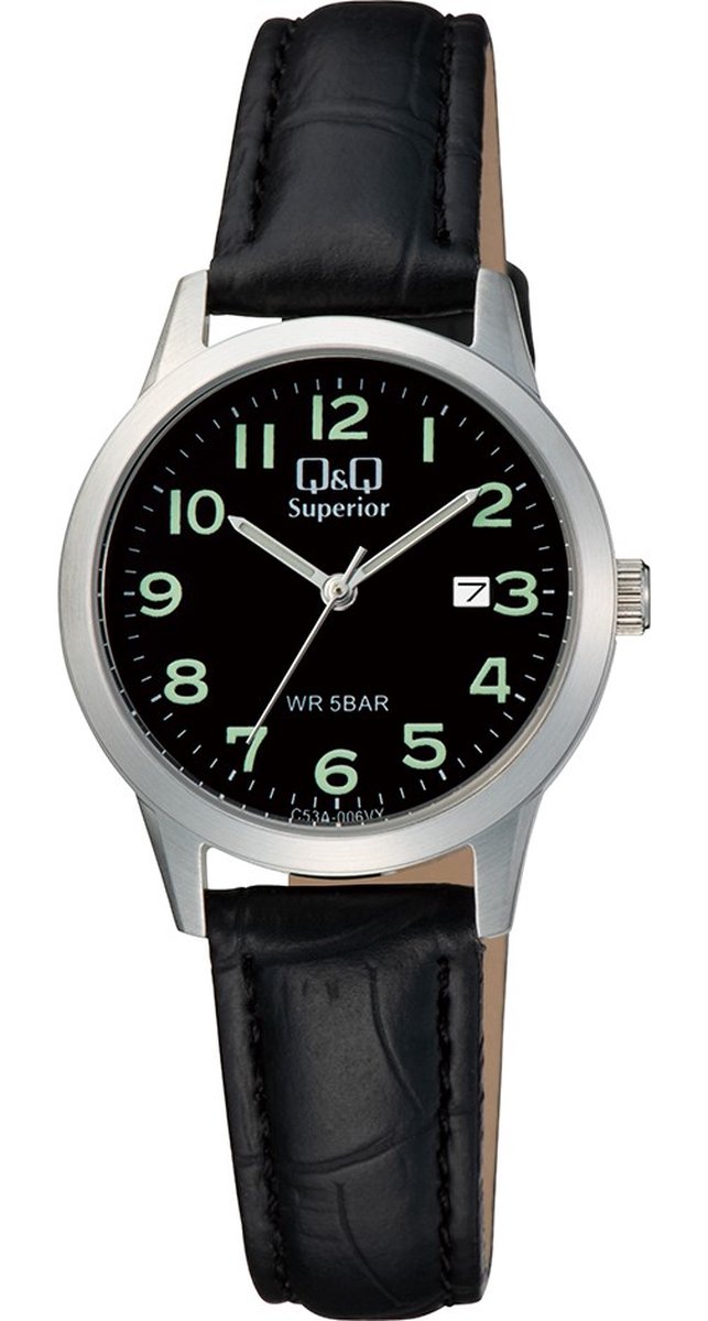 QQ C53A-006VY - Horloge - Polshorloge - Analoog - Dames - Vrouwen - Leren band - Rond - Staal - Cijfers - Datumaanduiding - Zwart - Zilverkleurig - Crème