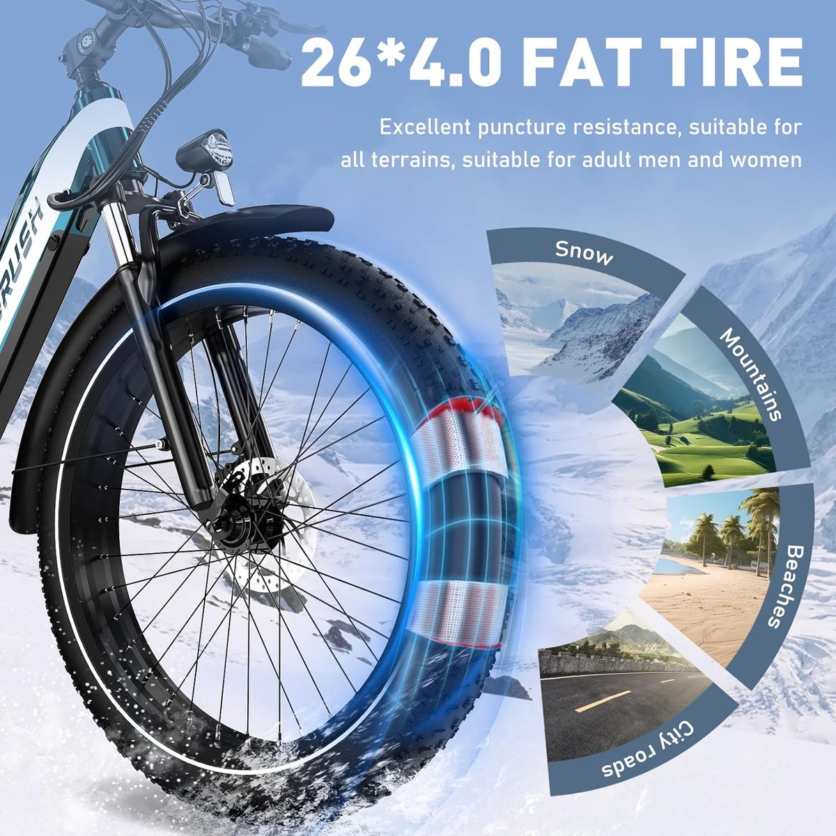 ECORUSH Elektrische Fiets ECO R3 - Trendy 26*4.0 Inch Fat Tire City Commuter EBike met Afneembare 48V 13Ah Lithium Batterij - Mountain E-Bike met 250W Motor - 7 Versnellingen - IP54 Waterdicht – foto 7