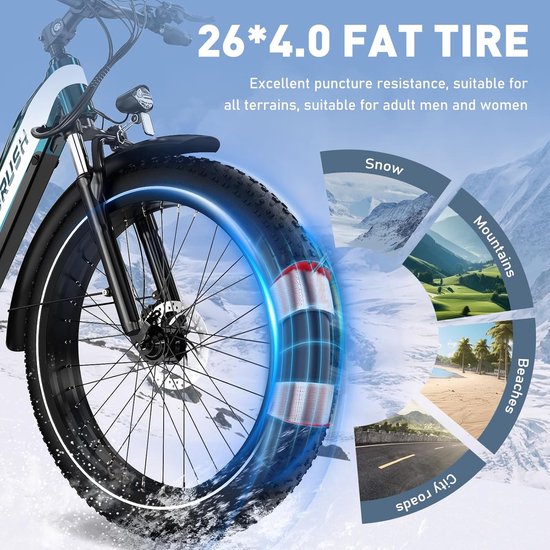 ECORUSH Elektrische Fiets ECO R3 - Trendy 26*4.0 Inch Fat Tire City Commuter EBike met Afneembare 48V 13Ah Lithium Batterij - Mountain E-Bike met 250W Motor - 7 Versnellingen - IP54 Waterdicht van ECORUSH — afbeelding 2