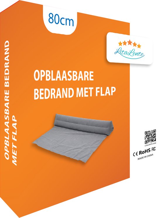 Verpakking van een grijze, opblaasbare bedrand met flap, 80cm.