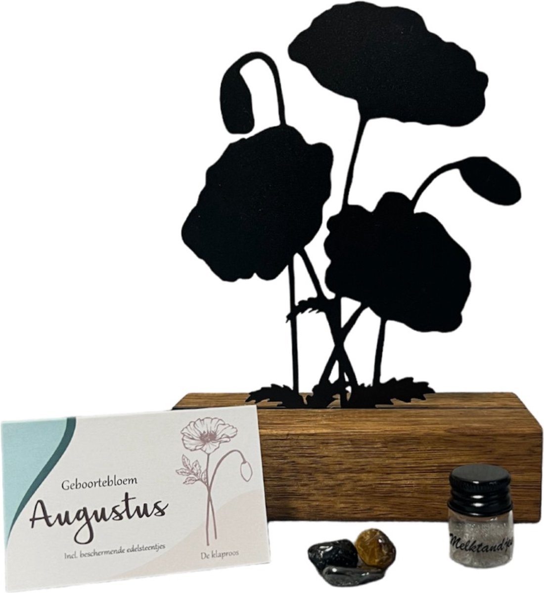 Goedkoopste Kraamcadeau - geboortebloem beeld- AUGUSTUS- klaproos - mét tandendoosje / potje / haarlokpotje en beschermende edelsteentjes - metaal in houten sokkel - babyshower cadeau