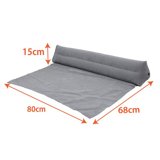 Grijze, opblaasbare bedrand met flap, 80cm breed en 68cm lang.