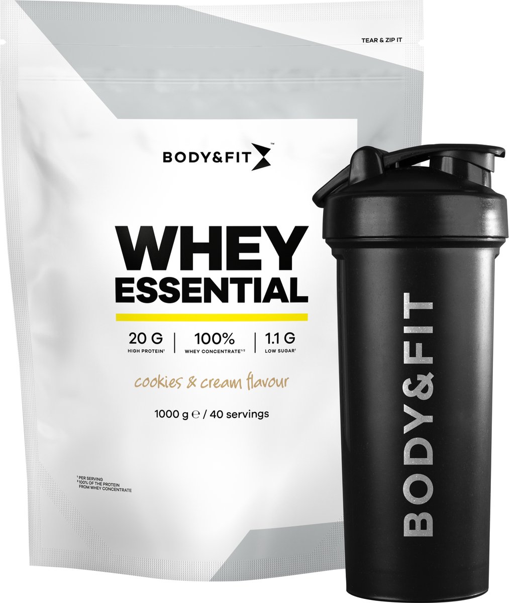 Goedkoopste Body & Fit Whey Essential Cookies & Cream 1000 gram - Whey Protein - Proteine poeder Essential Shaker 700 ml