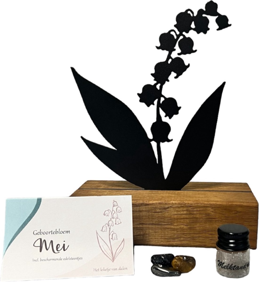 Goedkoopste Kraamcadeau - geboortebloem beeld- MEI - Lelietje van dalen - mét tandendoosje / potje / haarlokpotje en beschermende edelsteentjes - metaal in houten sokkel - babyshower cadeau