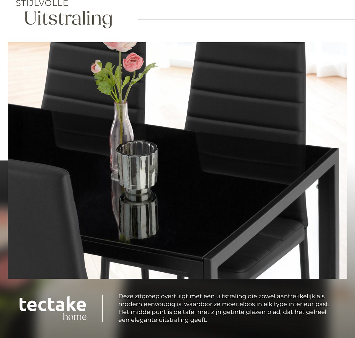 tectake® Eetkamerset met 4 Eetkamerstoelen - Eettafel met glazen blad - 120 x 70 x 75 cm - Eethoek set Tafel en Stoelen - Set van 4 Stoelen met kunstleer - Zwart – foto 6