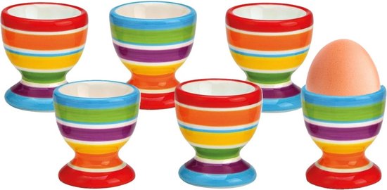 Bellatio Design Eierdopjes streep motief - set van 6x - multi kleuren - keramiek - 6x5 cm - voor ontbijt/brunch/pasen