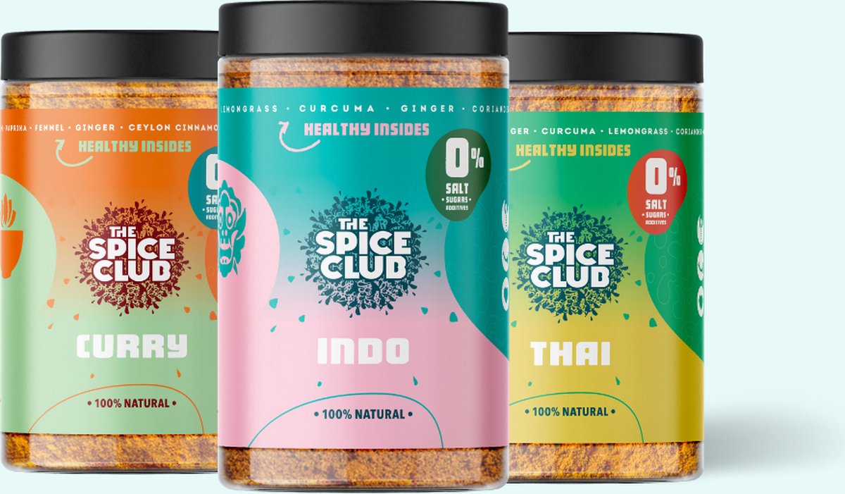 Goedkoopste The Spice Club - Aziatische Kruiden Mix - Set van 3 - 150 gram - Kruidenpotjes - Met deksel - 100 Natuurlijk - 0 Zout - Inclusief Recepten