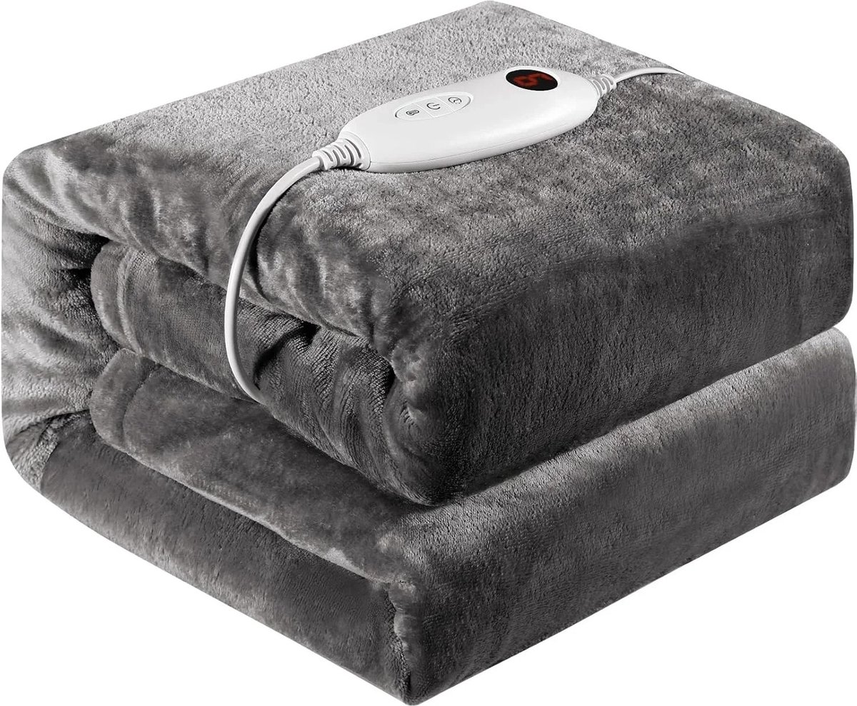 Bealive® Elecktrische deken - Verwarmingsdeken - Grijs - 6x Instelbare verwarmingsinstellingen - Afneembare afstandsbediening - Machine wasbaar - Materiaal: Flanel en lamswol - 180 x 130 cm - 160 W