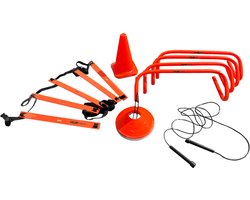 Trainingspakket M - Set met trainingsmaterialen voor sporter en trainer - Tas met 4 horden - 20 trainingshoedjes - 4 pionnen - Loopladder - Springtouw - Oefeningen boek