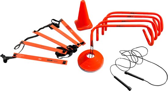 Pack d'entraînement M - Set avec matériel d'entraînement pour athlètes et entraîneurs - Sac avec 4 haies - 20 chapeaux d'entraînement - 4 cônes - Échelle de marche - Corde à sauter - Cahier d'exercices