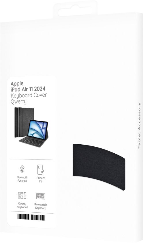 Verpakking voor zwarte iPad Air 11 inch hoes met QWERTY toetsenbord.