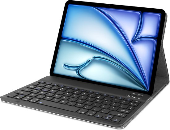 Zwarte tablet hoes met QWERTY toetsenbord, tablet in kijkstand.