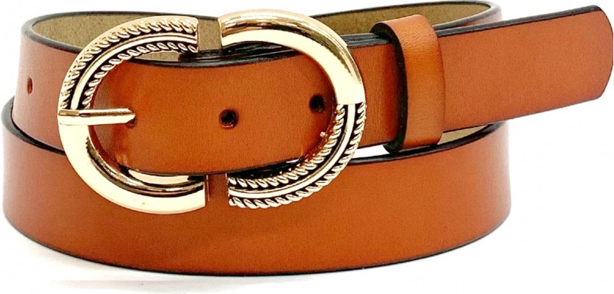Cognac Leren Riem Ovale Gouden Gesp - Trendy Leren Dames Riemen - 85 cm - Ovale Siergesp - Chique - Cognac