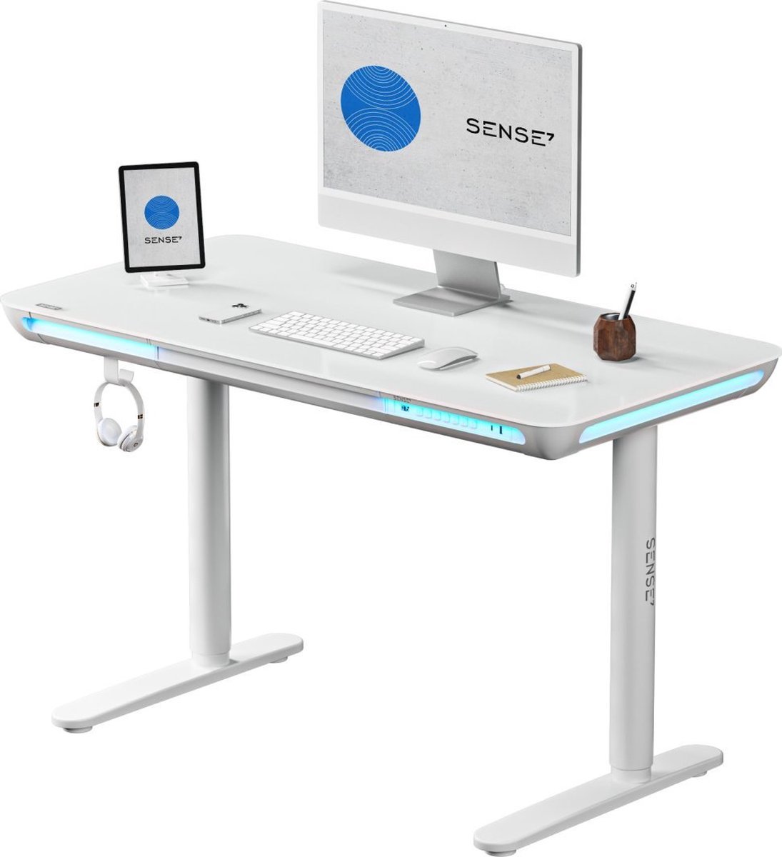 SENSE7 NOMO - Gaming bureau - In hoogte verstelbaar computerbureau - 120 x 60 cm - Tafelblad van gehard glas - USB-C 3.0 - Traploos verstelbaar Ambient