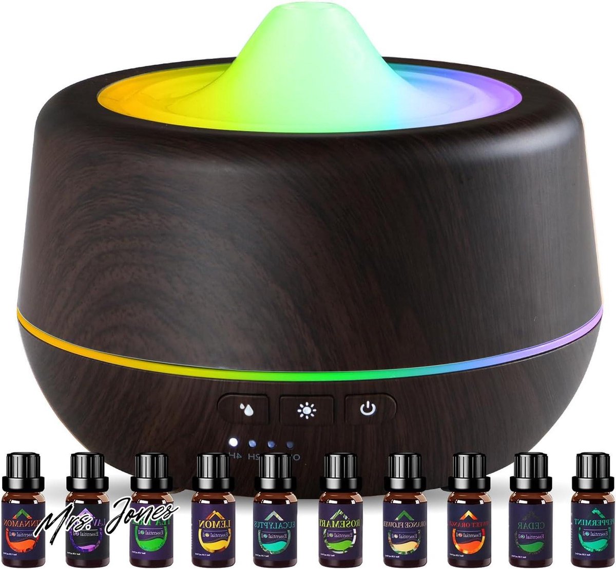 Goedkoopste Mrs. Jones Premium Collection Ultrasone Etherische Olie Diffuser - 500 ml - Aromatherapie - Cool Mist - 7 kleuren led - 4 timers - 2 mistmodus - Zwarte Houtnerf .