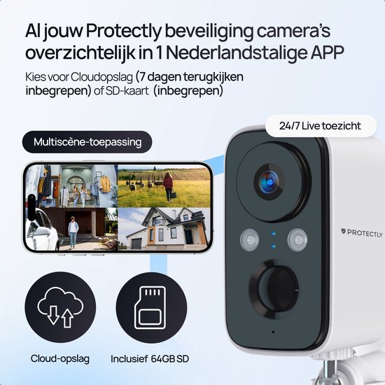 Protectly beveiligingscamera's en app: multiscreen-toepassing, cloud-opslag, 64GB SD-kaart, 24/7 live toezicht.