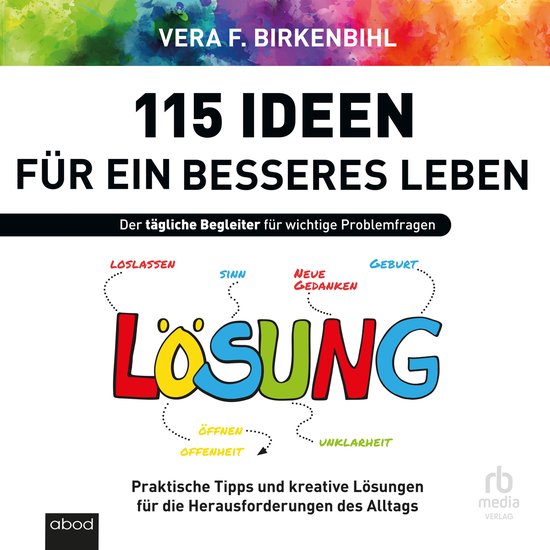 Boekcover met de titel "115 Ideen für ein besseres Leben" in grote letters, met de ondertitel "Der tägliche Begleiter für wichtige Problemfragen". Centraal staat het woord "LÖSUNG" met de letters in verschillende kleuren en omringd door gerelateerde woorden zoals "Loslassen", "Sinn", "Neue Gedanken" en "Geburt".