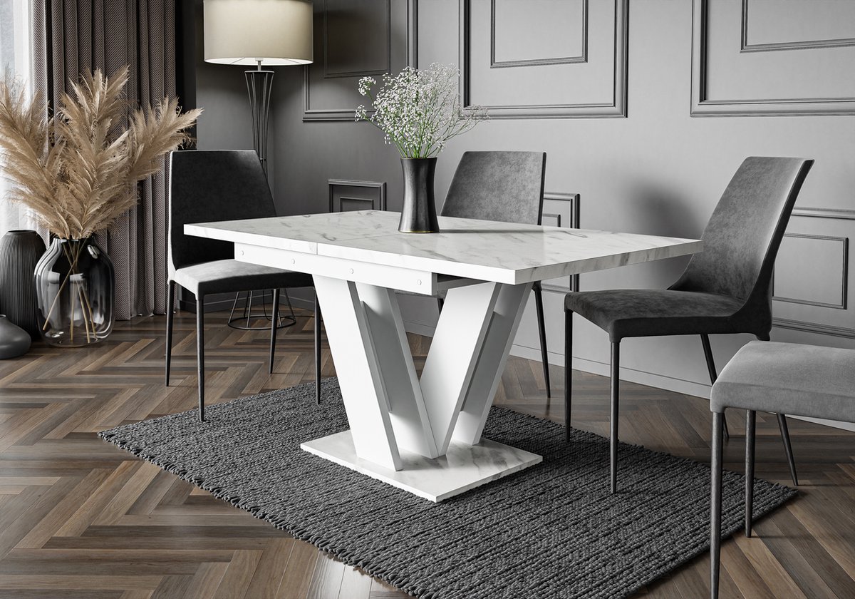 Pro-meubels - Eettafel - Eetkamertafel - Glasgow - Wit mat - Marmerlook - Uitschuifbaar 120-160cm