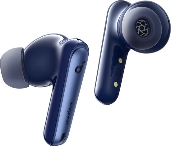 Twee donkerblauwe oordopjes met het Soundcore logo.