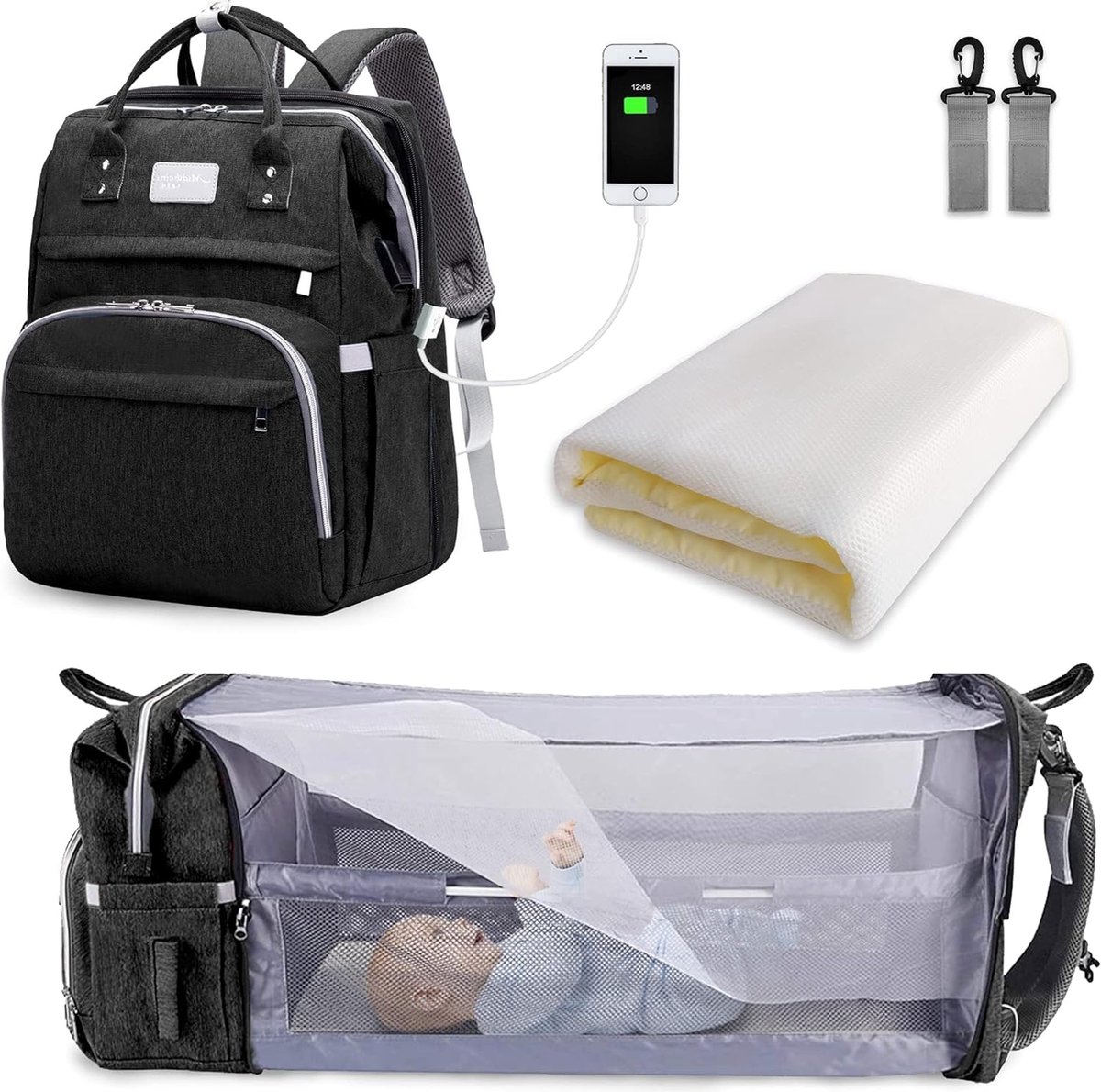 Goedkoopste Luiertas Rugzak - Grote Capaciteit Luiertas - Draagbare Reistass met Opvouwbaar Babybed - Babybed Rugzak - Zwart