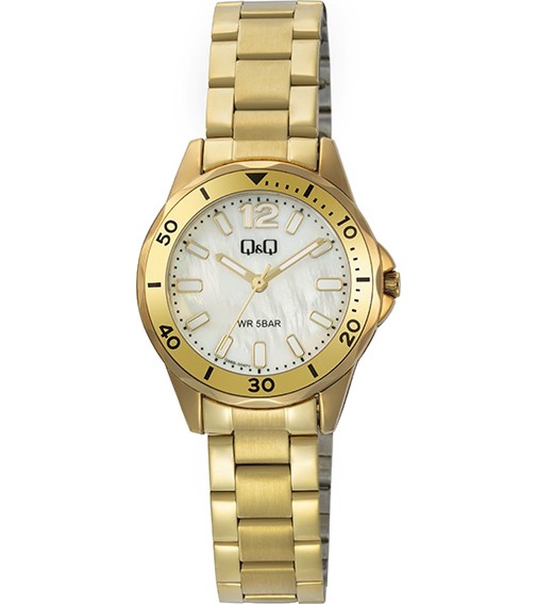 QQ Q88B-004PY - Horloge - Polshorloge - Analoog - Dames - Vrouwen - stalen band - Metaal - Rond - Cijfers - Strepen - Goudkleurig - Wit