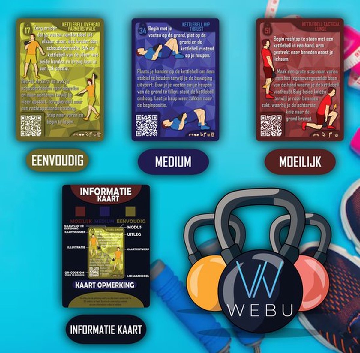 WEBU Kettlebell + Dumbbell + Exercise Ball + Weerstandsband Kaarten | Incl. Trainingsvideo’s - Fitness - Crossfit - Krachttraining - Kettlebell - Yoga - Thuis Sporten – foto 8