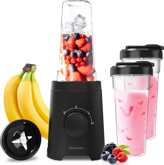 Smoothie Blender to go met 2x Beker 600ML – Maker - Zwart – Vivid Green