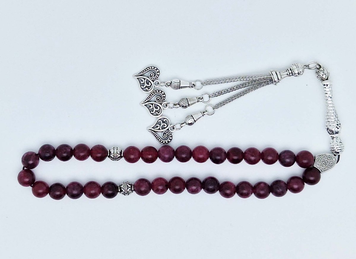 Handgemaakte tesbih klassiek - "Tasbih" natuursteen "Lepidolite" - Aantal kralen 33 - Diameter kralen 8 MM - met metaal tassel "Harten" - Een mooi cadeau-idee