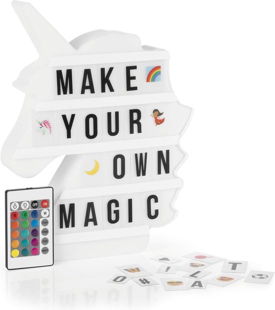 Unicorn Lichtbox - slaapkamer - letters leren - led lamp - eenhoorn letters bord - 192 verwisselbare letters - emojis - kerst, sinterklaas cadeau