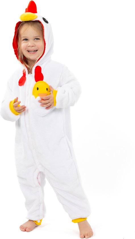 KIMU® Onesie Kip Pakje - Maat 86-92 - Kippenpak Kostuum Wit Ei Pak - Kinder Zacht Fleece Jumpsuit Pyjama Jongen Meisje Festival