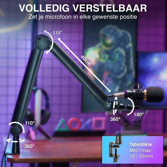 Bras de microphone noir de 40 cm, entièrement réglable à divers angles. Convient aux tables de 10 à 55 mm.