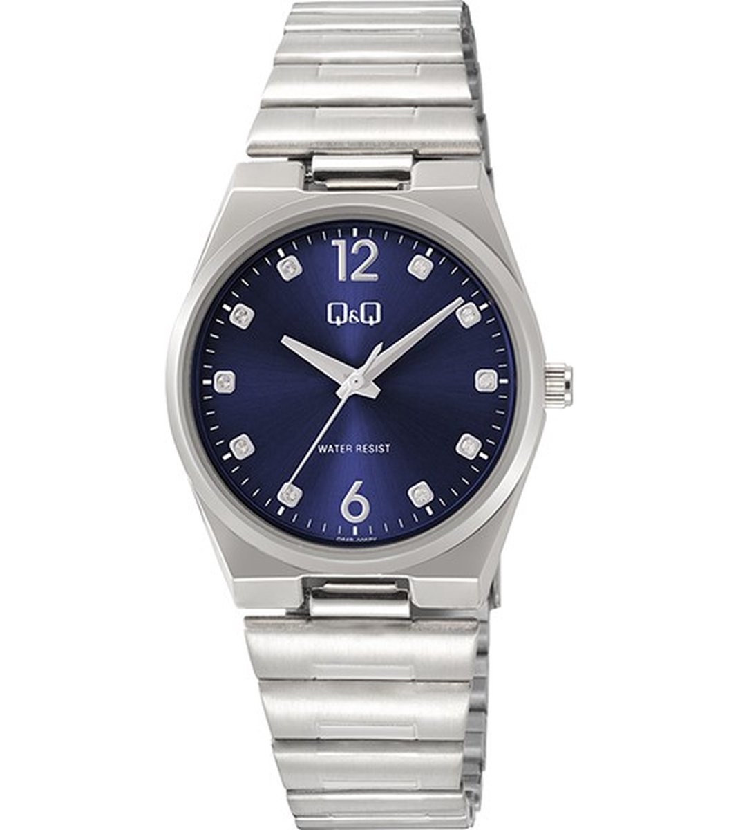 QQ Q84B-005PY - Horloge - Polshorloge - Analoog - Dames - Vrouwen - stalen band - Metaal - Overig - Cijfers - Stippen - Briljanten - Zilverkleurig - DonkerBlauw