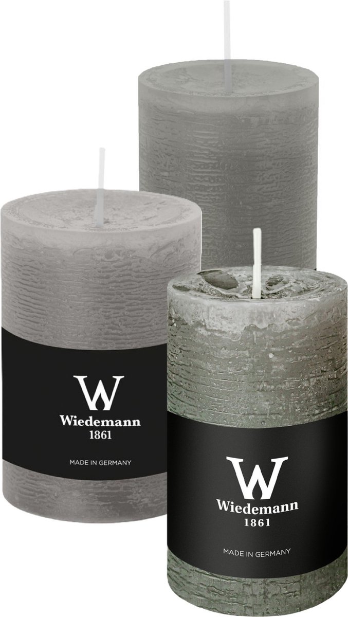 Wiedemann Cilinderkaarsen/stompkaarsen - set van 3 - rustieke kaars - lichtgrijs - 6x9/6x12/7x10 cm