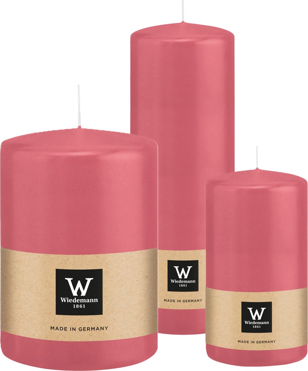 Wiedemann Cilinderkaarsen/stompkaarsen - set van 3 - roze - 7x13/10x15/7x20 cm