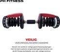 Zwarte verstelbare dumbbell met rode accenten en vergrendelingsmechanisme.