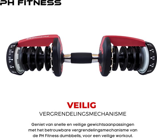 Zwarte verstelbare dumbbell met rode accenten en vergrendelingsmechanisme.