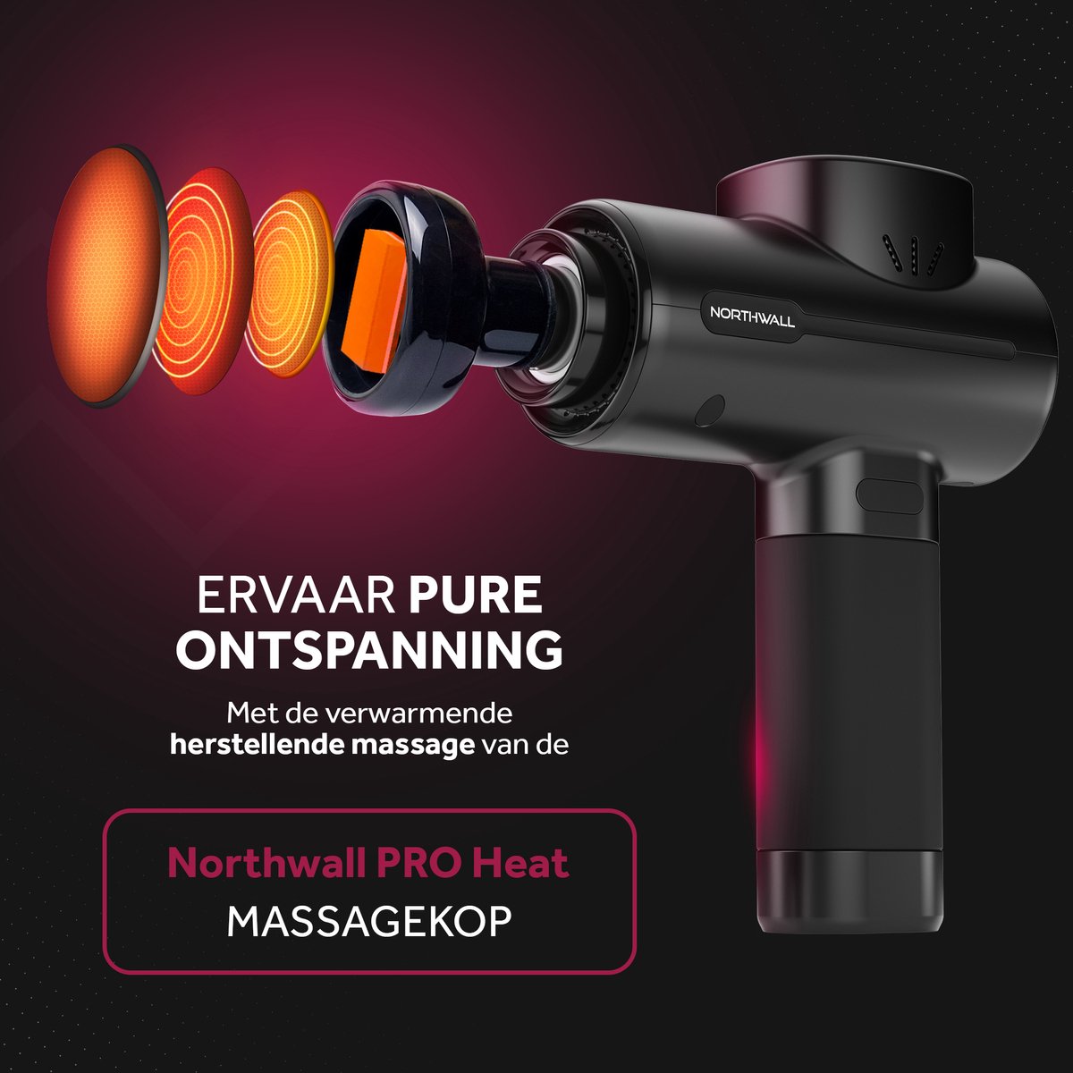 Afbeelding 3 van Northwall Massage Gun Professioneel PRO - Massage Pistool Inclusief Koffer en 6 Opzetstukken incl. Warmte Massagekop - Krachtig en Draadloos Sport en Relax Massage Apparaat