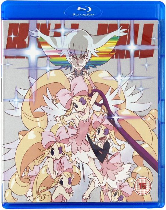 De cover van de Blu-ray disc 'Kill La Kill' toont een groep anime personages met blonde haren, roze strikken en jurken, tegen een glinsterende achtergrond.