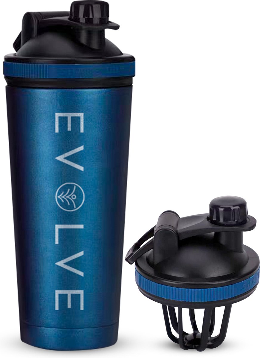 Goedkoopste Fit Evolve® Premium RVS Shake beker - Dubbelwandig Proteïne Shaker – Thermosfles - Blauw - 720ml