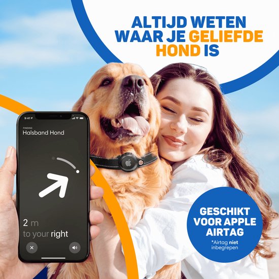 Een vrouw knuffelt met een gelukkige gouden retriever op het strand. De hand van de vrouw houdt een telefoon vast die een Apple AirTag-locatie toont. Tekst: 'Altijd weten waar je geliefde hond is'.